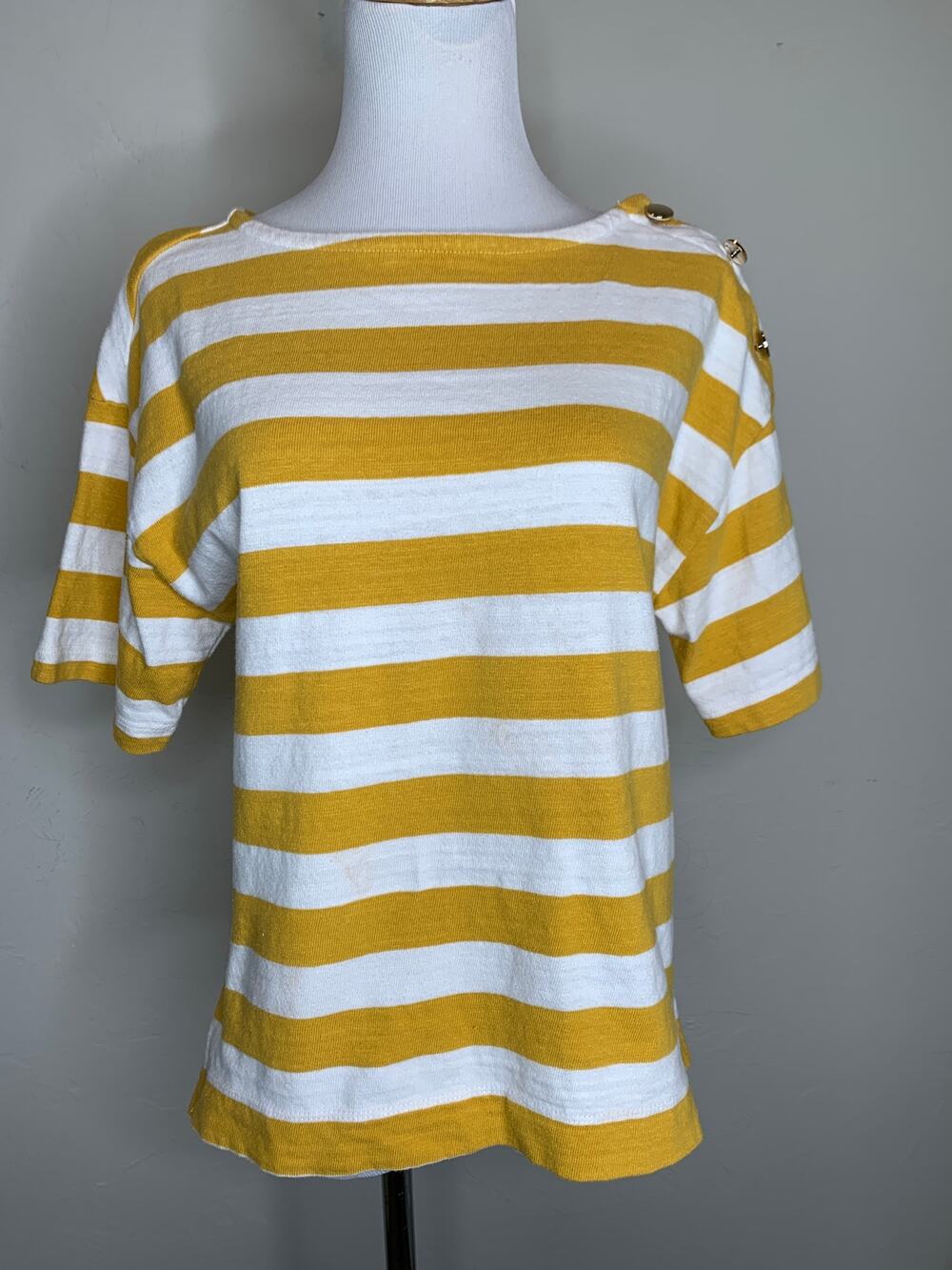 LOFT Gold Cream Striped Boatneck Jersey T Shirt Gold Buttons Sz XS